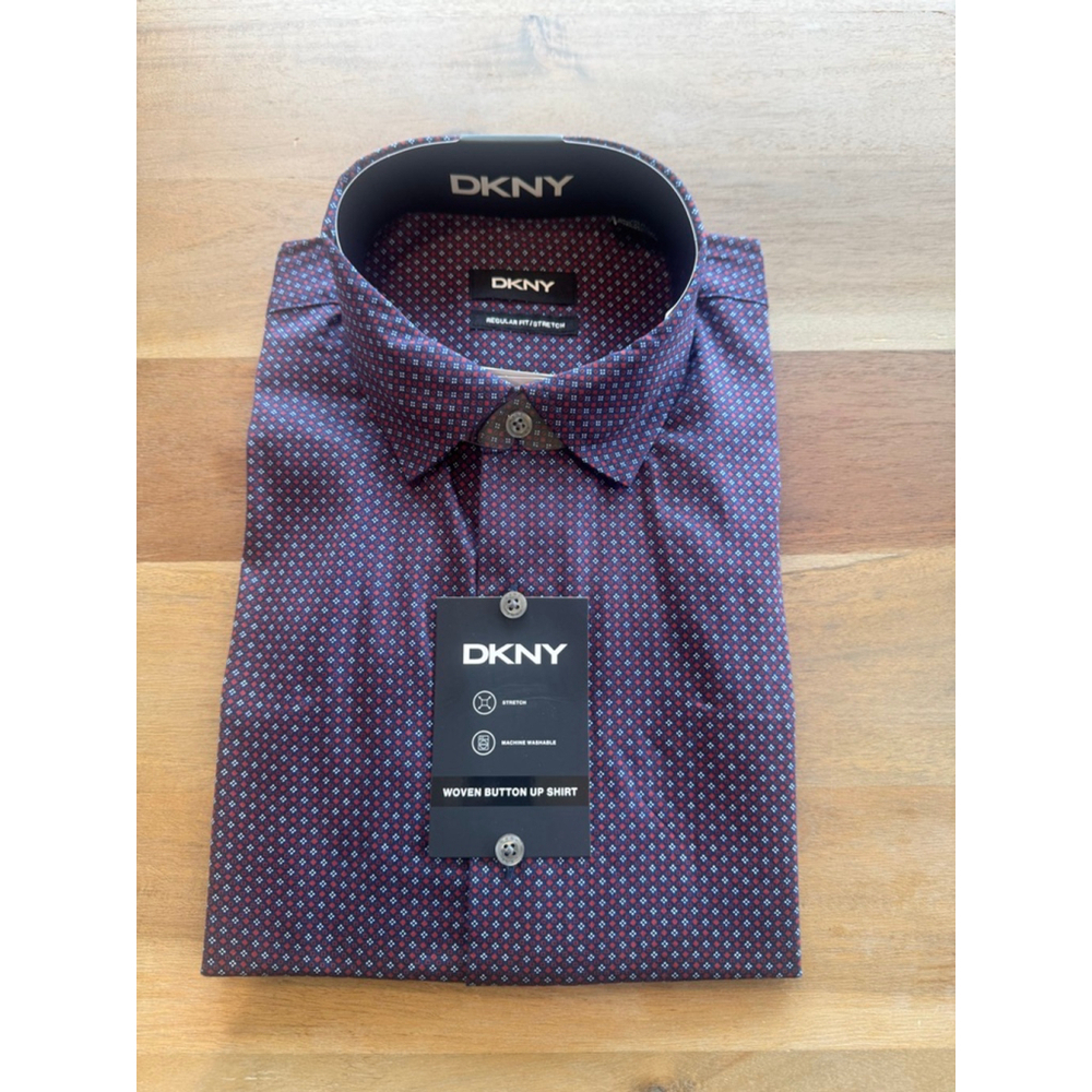 DKNY Men's Navy Red Patterned Stretch Button Up Shirt Large
